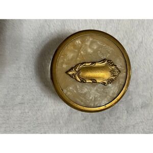 Vintage Art Deco Glass Vanity Jar Ornate Gold Crest Marbled Lid Trinket Box